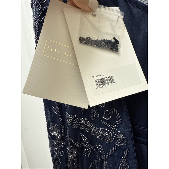 New MAC DUGGAL Size 2 Navy 10799 BEADED LONG SLEEVE A-LINE Cocktail Midi DRESS - Picture 11 of 11